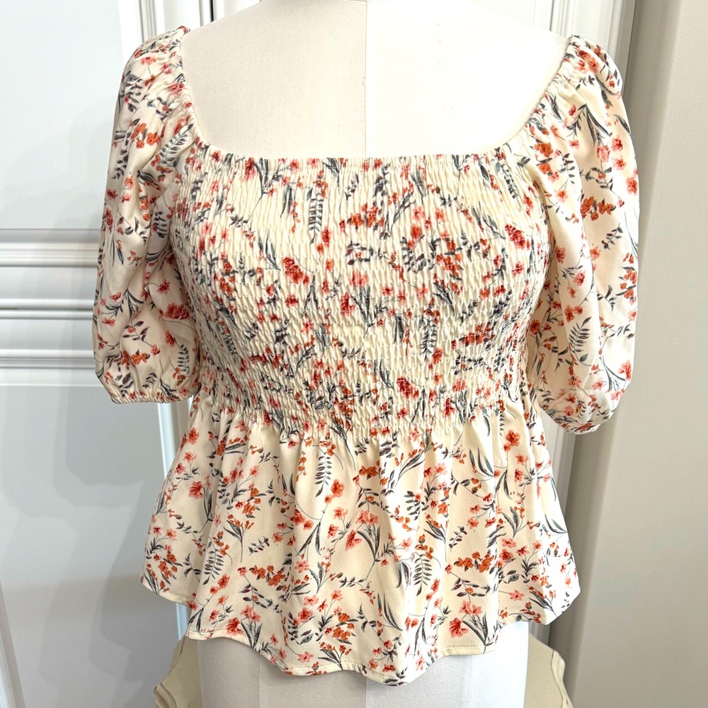 Loness Large Off Shoulder Smocked Puff Sleeve Blouse Cream Floral Print Peplum